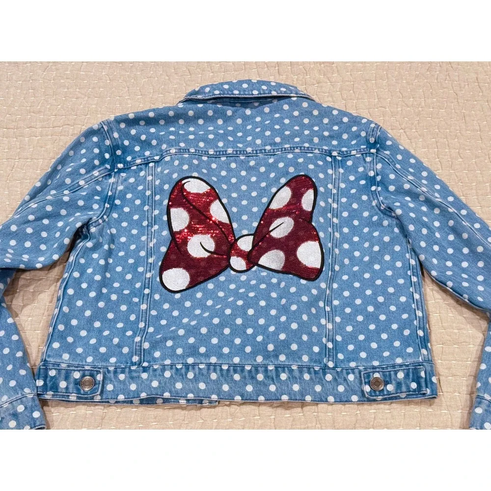 Disney Parks Minnie Mouse Polka Dot Denim Jean Jacket Sequin Bow Women's Small
